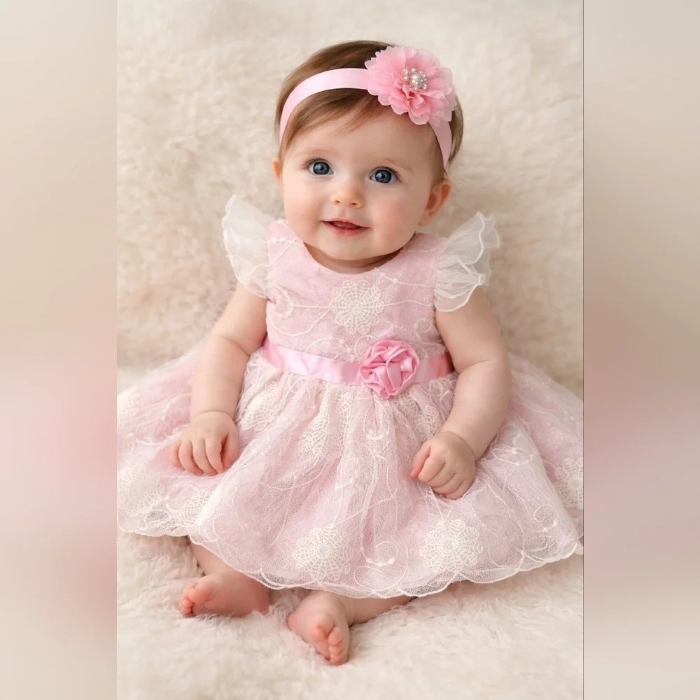 Heirlooms By Polly Finders Pink Dress with Lace Accents And Embroidered Flowers